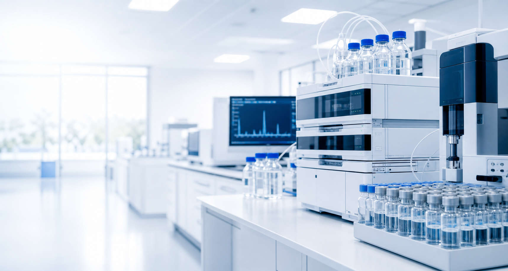 Bright analytical chemistry laboratory with HPLC instruments